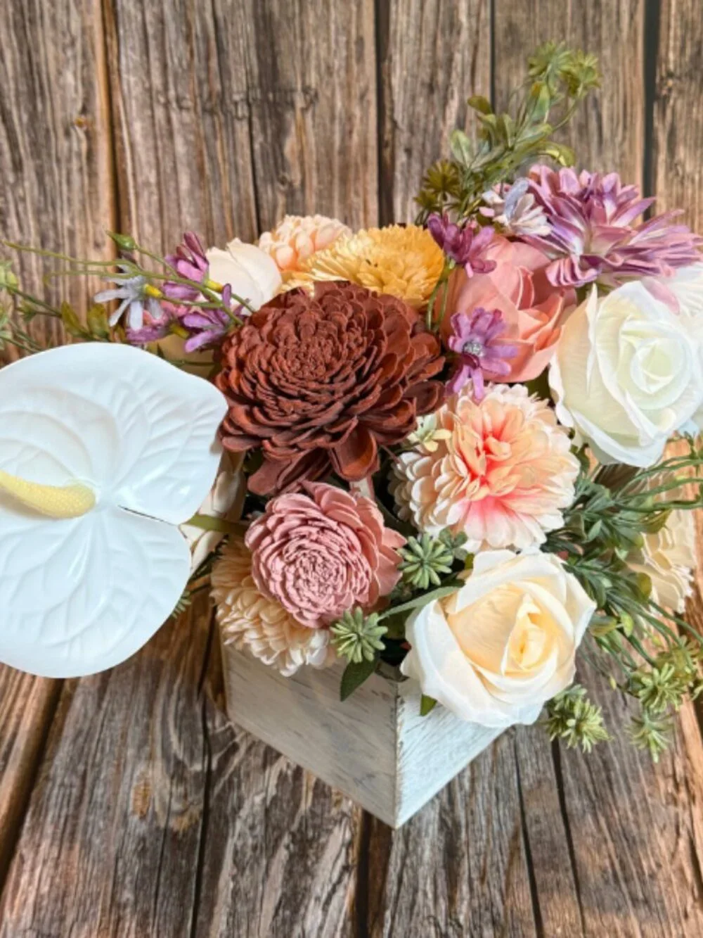 Rustic Burgundy Sola Wood Floral Arrangement in wooden box farmhouse home decor